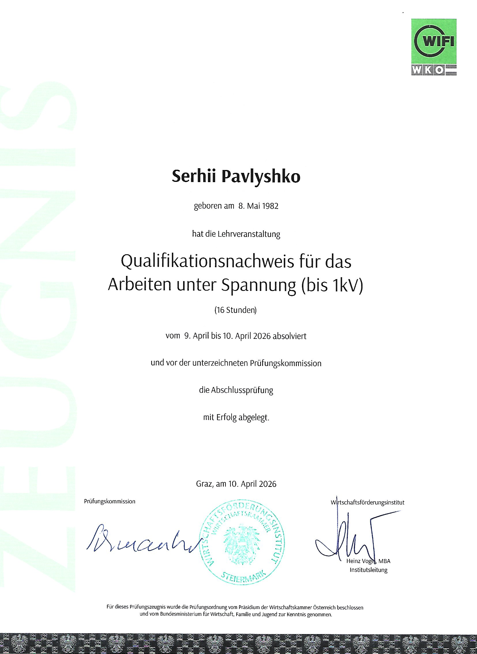 Qualifikationsnachweis für das Arbeiten unter Spannung (bis 1kV)